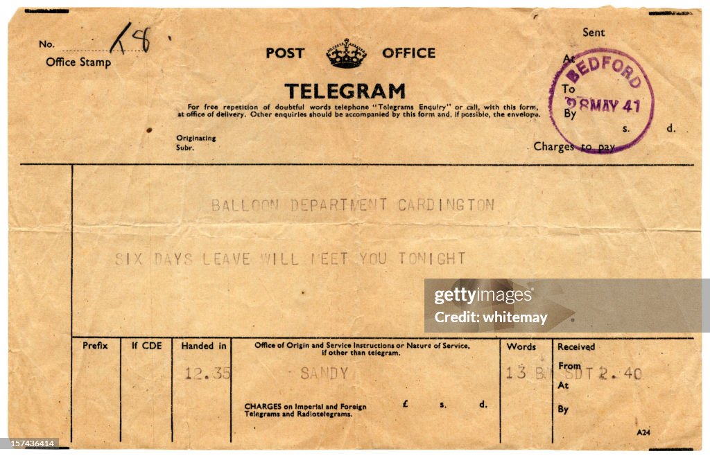 Good news telegram to Cardington, 1941