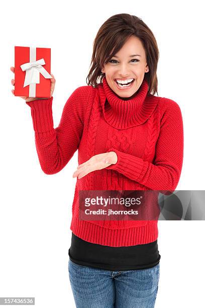 attractive young woman with red gift box - winter woman showing stock pictures, royalty-free photos & images