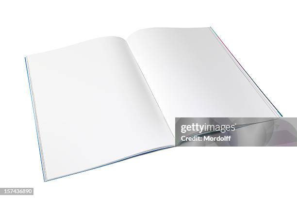 esparcir sobre blanco revista en blanco - folleto papel blanco fotografías e imágenes de stock