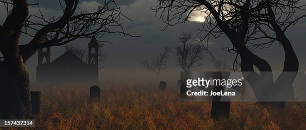 halloween church graveyard - spooky graveyard stock pictures, royalty-free photos & images