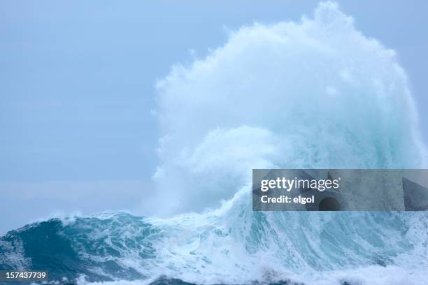 powerful exploding wave with surf and spray - storm surge stock pictures, royalty-free photos & images