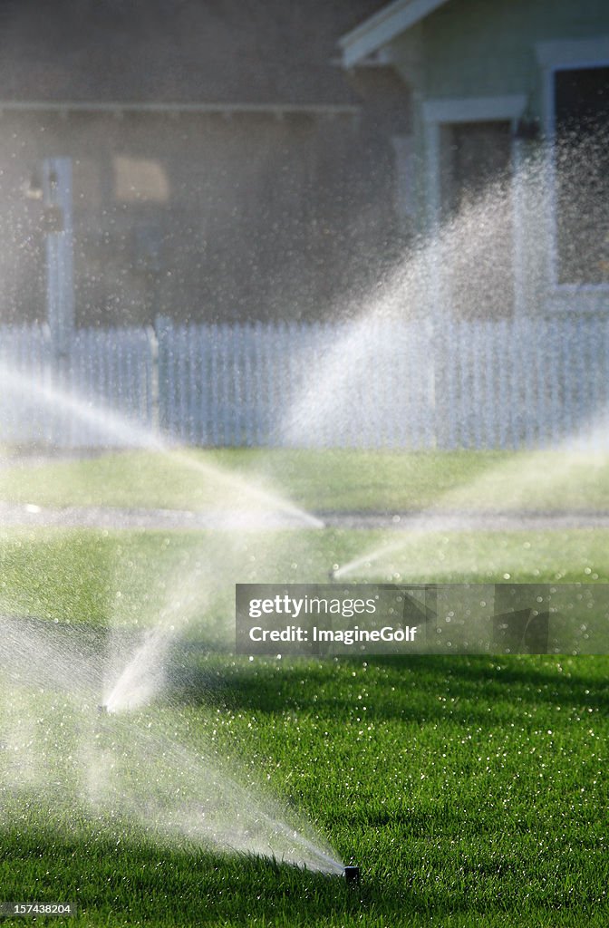 Residential Sprinklers Irrigating a Beautiful Lawn