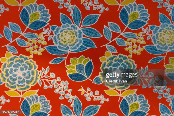 full frame of texture, chinese red paper with embroidered floral pattern - aztec print stock pictures, royalty-free photos & images