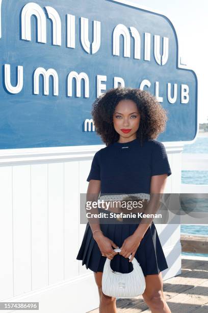 Logan Browning attends Miu Miu Summer Club Malibu at the Malibu Pier on July 26, 2023 in Malibu, California.