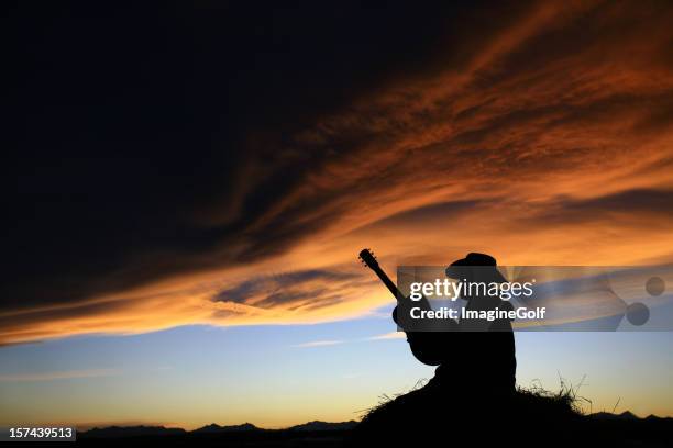 cowboy with guitar silhouette - country and western music stockfoto's en -beelden