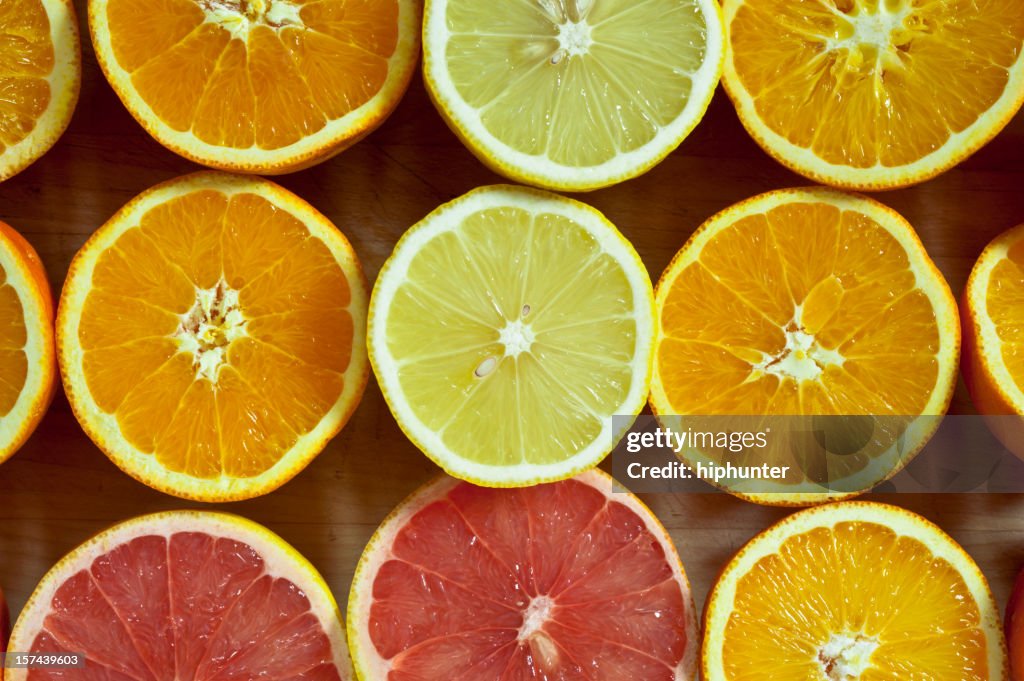 Halve citrus fruits on cuttting board