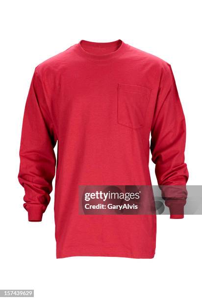 red long sleeved blank t-shirt front-isolated on white w/clipping path - red t shirt stock pictures, royalty-free photos & images