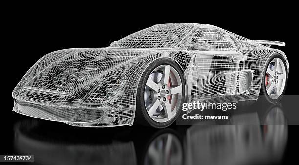 a virtual car design on a black surface - car wireframe stockfoto's en -beelden