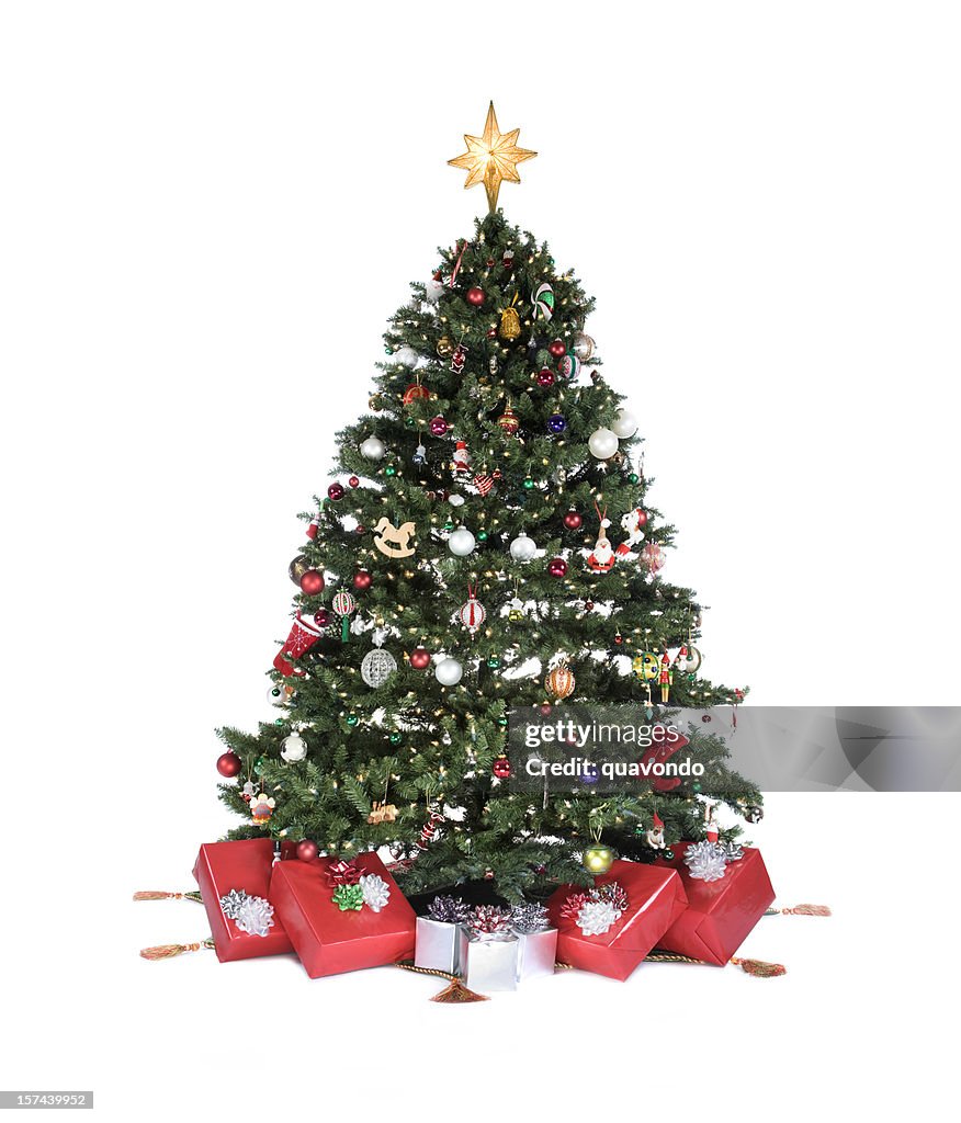 Adorned Christmas Tree with Ornaments and Presents on White, Copyspace