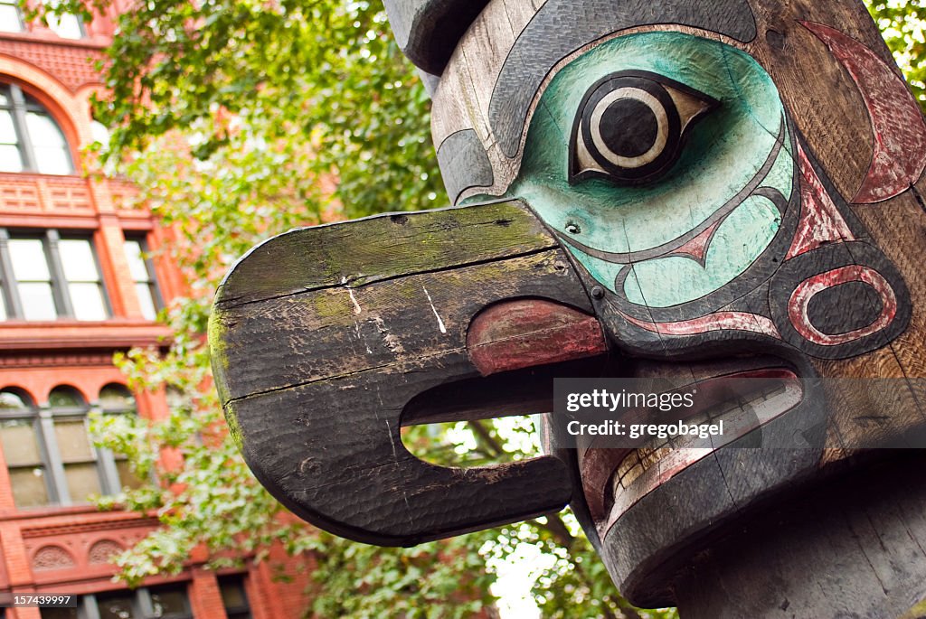 Colorful totem pole at Pioneer Square in Seattle, WA