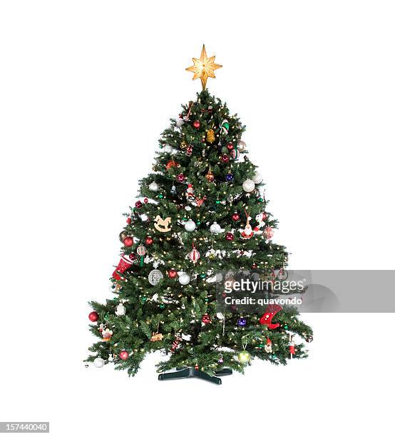 es ist völlig weihnachtsbaum mit lichtern auf weißen textfreiraum - weihnachtsengel stock-fotos und bilder