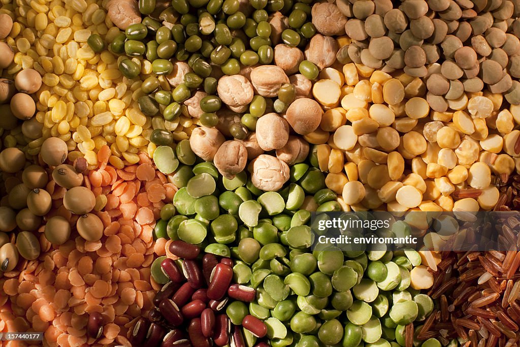 Assorted bean, pea and grain background.