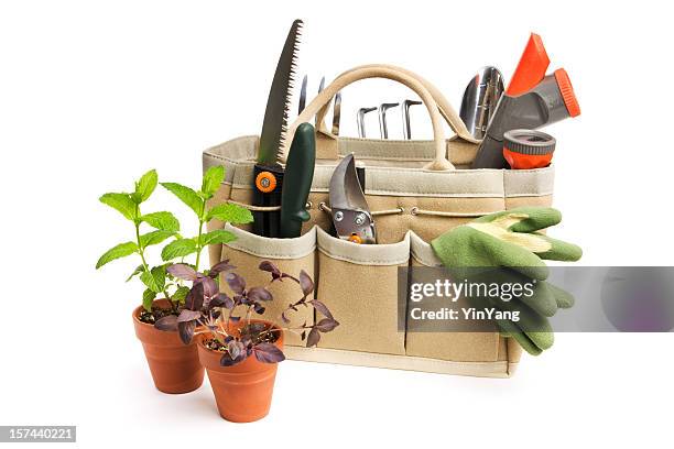 gardening tool bag and potted plant seedlings isolated on white - gardening tools stock pictures, royalty-free photos & images