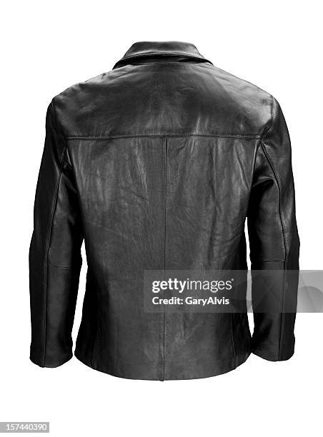 man's blank black leather jacket back-isolated on white w/clipping path - leather jacket stockfoto's en -beelden