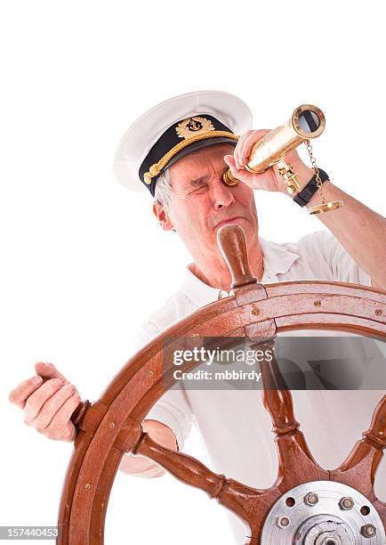 senior sailor with telescope - head forward white background stock pictures, royalty-free photos & images