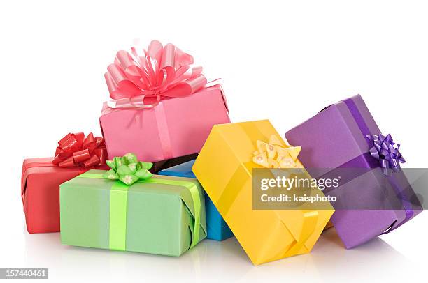 giftboxes in a pile - pile of gifts stock pictures, royalty-free photos & images