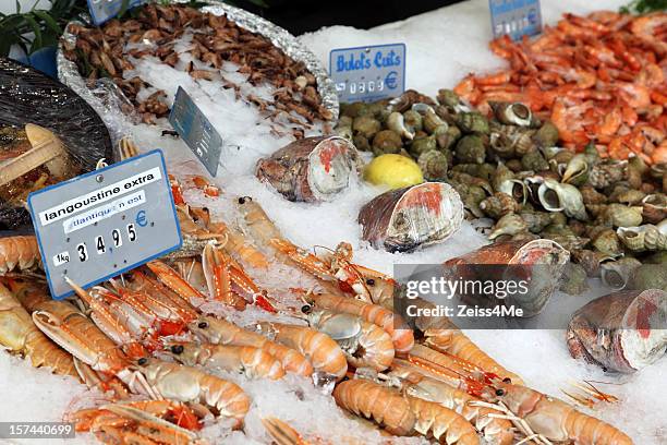 fresh seafood on display in market - fish market stockfoto's en -beelden