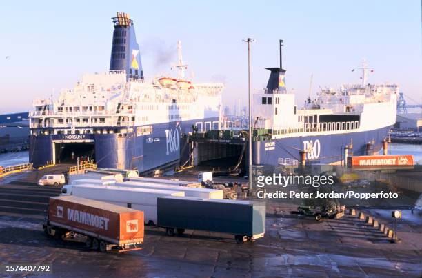 The P&O Ferries roll on-roll off ships Norsun and, on right, MS Norcape prepare to load up with trucks, cars and cargo ahead of sailing across the...