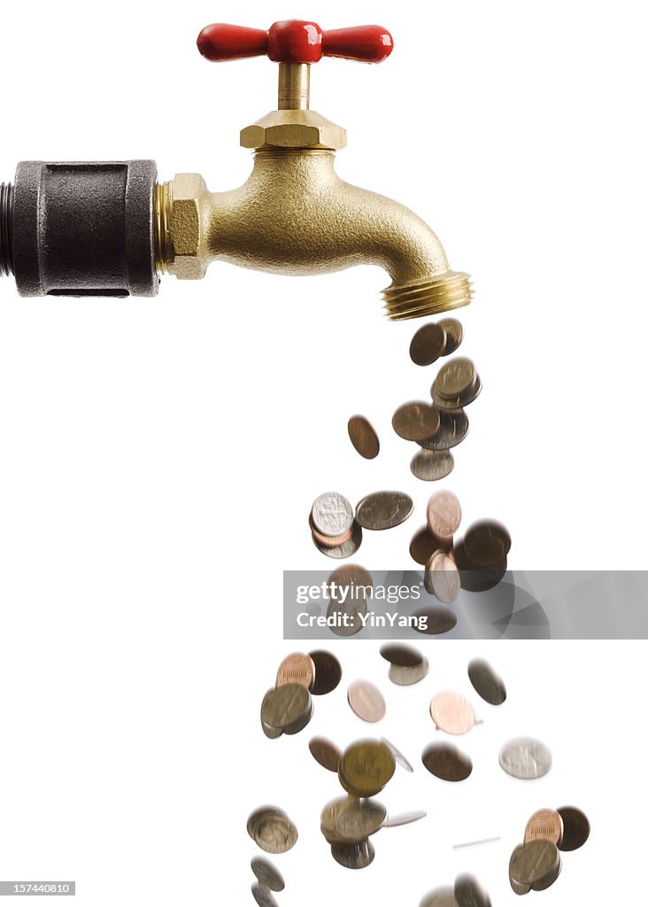 Coins Falling Down the Drain of Currency Cash Flow Faucet