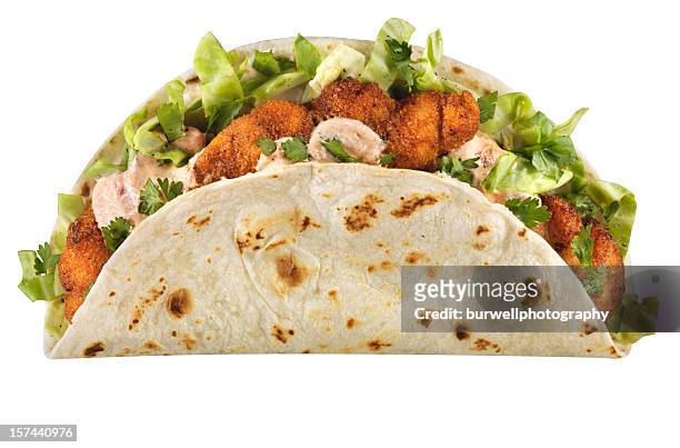 cajun fish taco, isolated on white - taco stock pictures, royalty-free photos & images