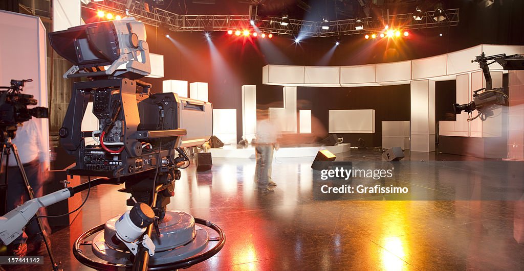 Empty television studio with camera