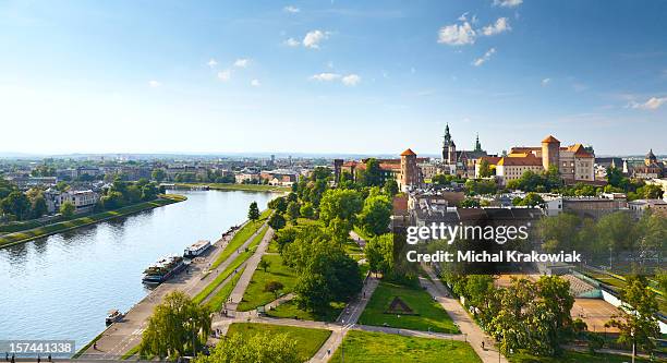 panoramic view of krakow, poland from wawel castle - krakow sky stock pictures, royalty-free photos & images