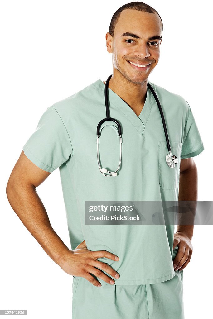 A male African-American nurse in scrubs