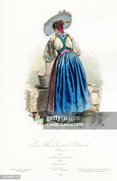 junges mädchen von unterwald historische kleidung - historische kleidung stock-grafiken, -clipart, -cartoons und -symbole
