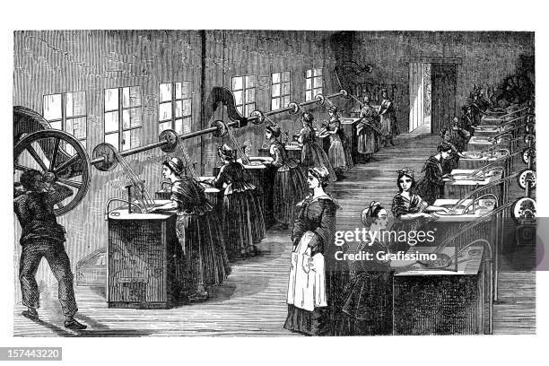 illustrations, cliparts, dessins animés et icônes de gravure de usine de production de soie - tisser