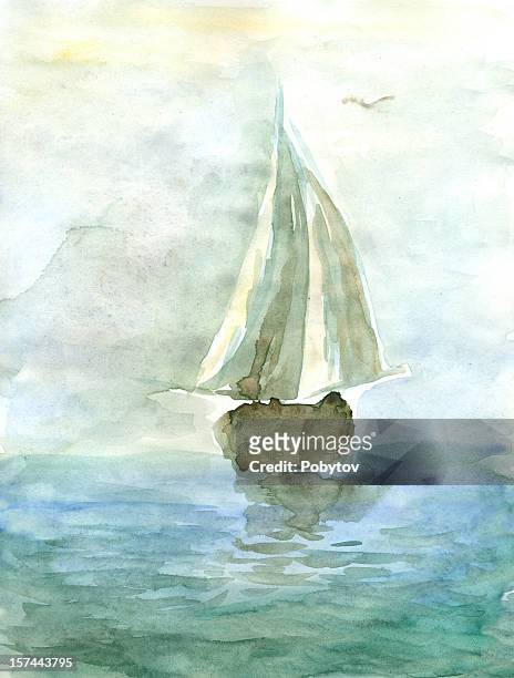 watercolor painting of a yacht at sea - sailboat painting stock illustrations