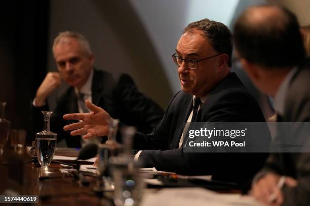 Governor of the Bank of England Andrew Bailey attends a press conference for the Monetary Policy Report August 2023 at Bank Of England on August 3,...