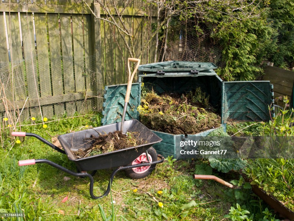 Garden Compost Bin and Wheelbarrow