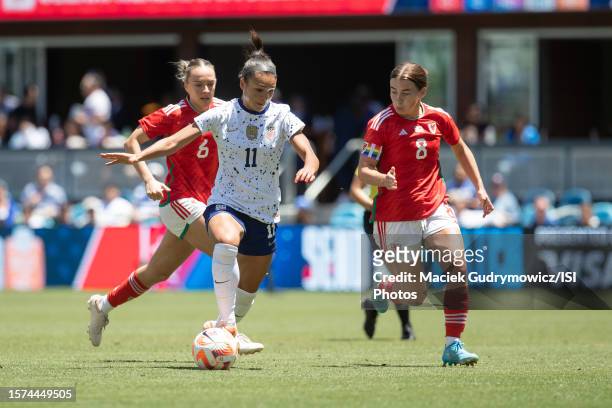 Sophia Smith, Angharad James during a game between Wales and USWNT at PayPal Park on July 9, 2023 in San Jose, California.