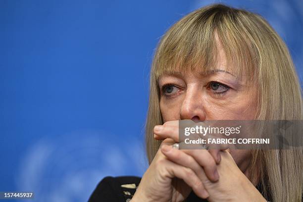 Nobel peace laureate and founding coordinator of the International Campaign to Ban Landmines Jody Williams looks on during a press conference prior...