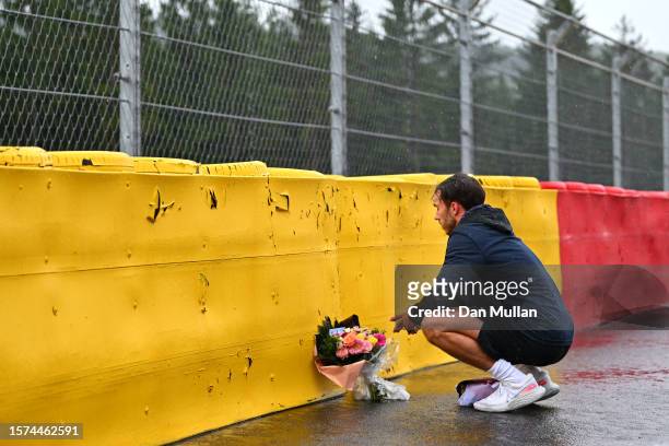 Pierre Gasly of France and Alpine F1 lays a wreath in tribute to the late Anthoine Hubert during previews ahead of the F1 Grand Prix of Belgium at...