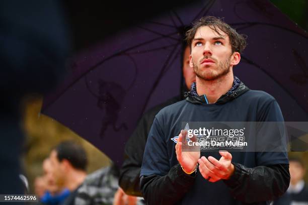 Pierre Gasly of France and Alpine F1 lays a wreath in tribute to the late Anthoine Hubert during previews ahead of the F1 Grand Prix of Belgium at...