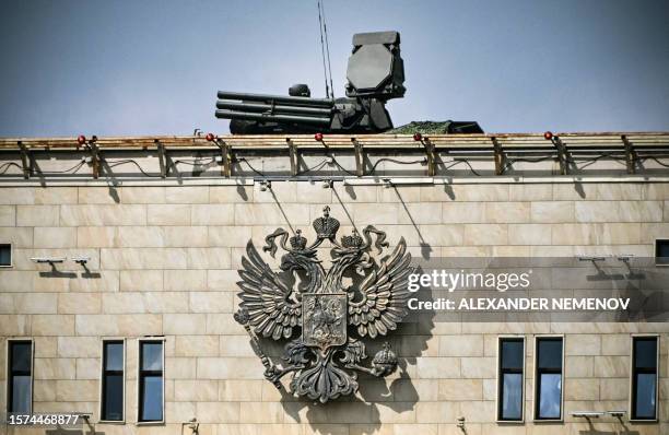 The Pantsyr S-1 air defence missile system is seen atop the Russian Defence Ministry headquarters in Moscow on August 3, 2023. Russia on August 3,...