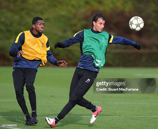 Elton Monteiro and Marouane Chamakh of Arsenal during a training session at London Colney on December 03, 2012 in St Albans, England.