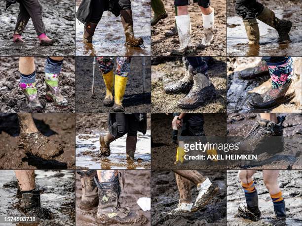 This combination of 16 pictures created on August 03, 2023 shows close-ups on the shoes of festival-goers wading through the mud on the grounds of...