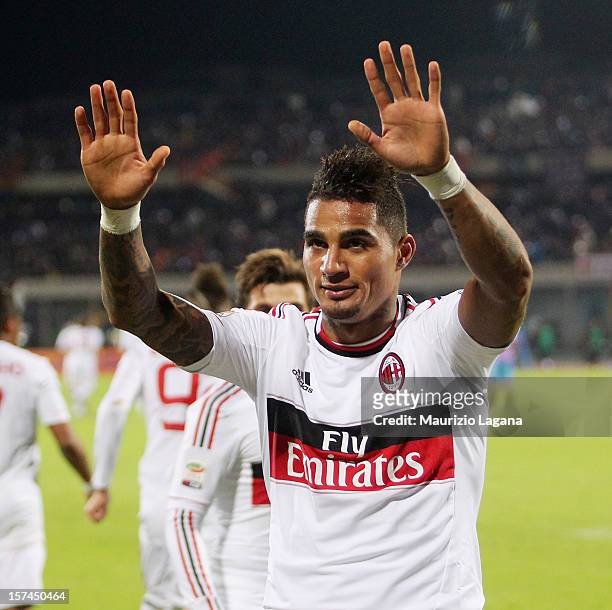 Kevin Prnce Boateng of Milan salutes during the Serie A match between Calcio Catania and AC Milan at Stadio Angelo Massimino on November 30, 2012 in...