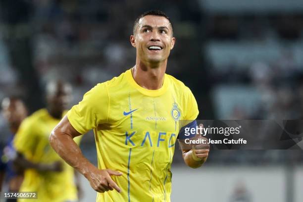 Cristiano Ronaldo of Al Nassr celebrates a goal for his team during the pre-season friendly match between FC Internazionale and Al-Nassr at Yanmar...