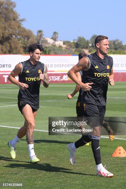 Roma players Roger Ibanez and Nemanja Matic during training session at Estadio Municipal de Albufeira on July 27, 2023 in Albufeira, Portugal.