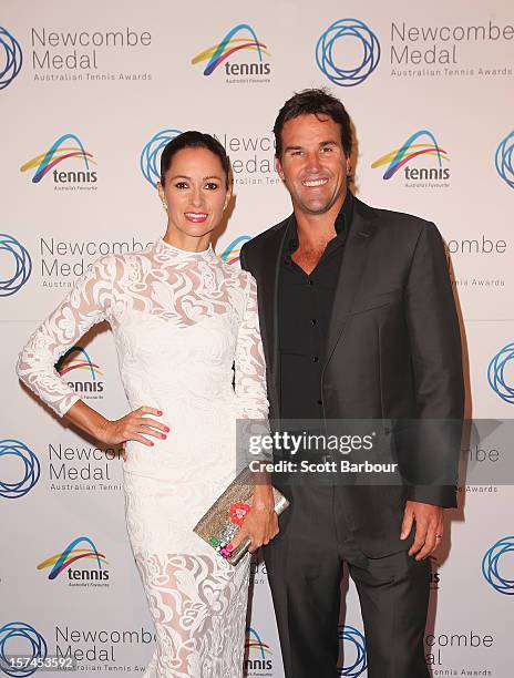 Pat Rafter and his wife Lara Feltham arrive ahead of the 2012 John Newcombe Medal at Crown Palladium on December 3, 2012 in Melbourne, Australia.