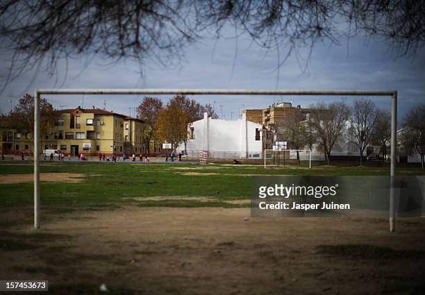 School children play excercise outside their school on November 30, 2012 in Villacanas, Spain. During the boom years, where in its peak Spain built...