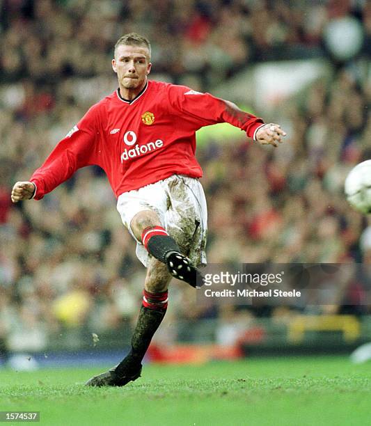 David Beckham of United scores during the match between Manchester United and Sunderland in the FA Barclaycard Premiership at Old Trafford,...