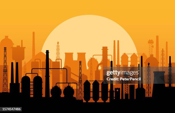 industrial abstract skyline silhouette panorama - vector backgrounds pattern - chemical plant stock illustrations