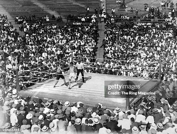 Jack Dempsey connects a left jab to Tommy Gibbons during the fight at the Arena, on July 4,1923 in Shelby, Montana. Jack Dempsey won the World...