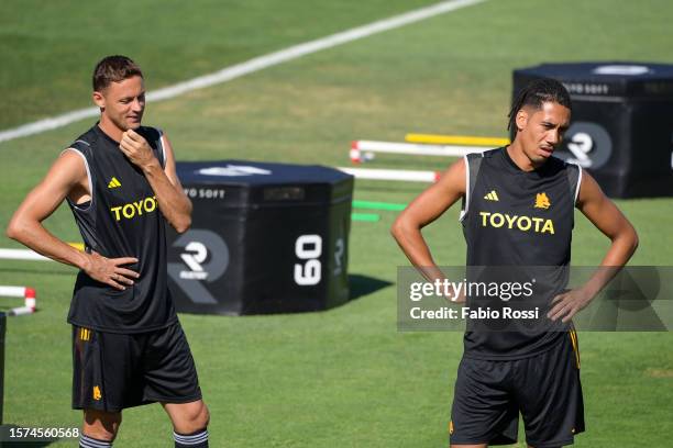 Roma players Chris Smalling and Nemanja Matic during a training session at Estadio Municipal de Albufeira on July 27, 2023 in Albufeira, Portugal.