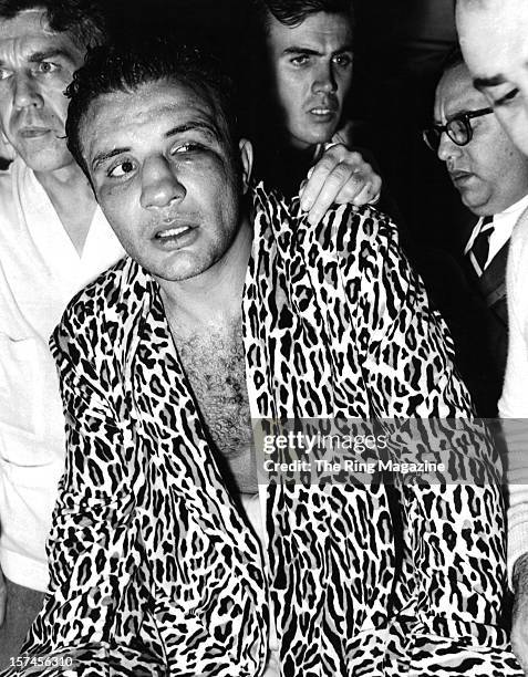 Jake LaMotta celebrates after winning the fight against Laurent Dauthuille at the Olympia Stadium, on September 13,1950 in Detroit, Michigan. Jake...