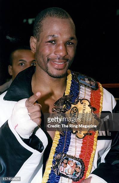 Bernard Hopkins poses with his belt after winning the fight against Carl Daniels at the Sovereign Center, on February 2,2002 in Reading,...
